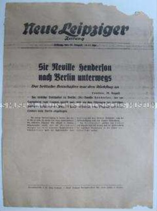 Extrablatt der "Neuen Leipziger Zeitung" zur Rückkehr der britischen Botschafters nach Berlin nach der Bwerichterstattung über sein Gespräch mit Hitler