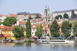 Moldauschiff in Prag : Die historische Prager Altstadt ist ein beliebtes europäisches Touristenziel. Bild: Blick über die Moldau von der Altstadt zur Kleinseite, Ausflugsschiff auf der Moldau, aufgenommen 2008