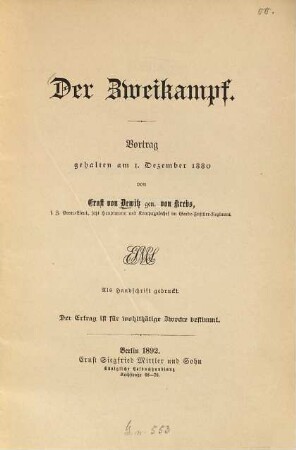 Der Zweikampf : Vortrag, gehalten am 1. Dezember 1880