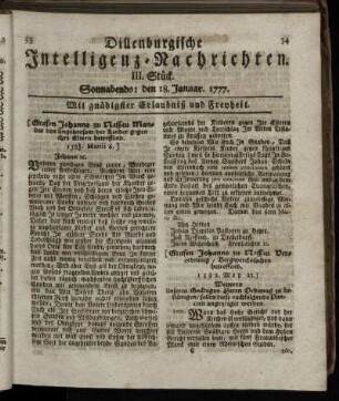 III. Stück. Sonnabends: den 18. Januar 1777.