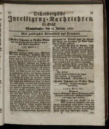 III. Stück. Sonnabends: den 18. Januar 1777.