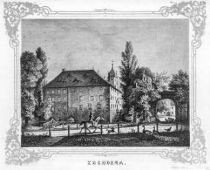 Zschorna, Buchdruck; 24,4 x 35 cm (Blattgröße). Aus: Poenicke, G.A., Heise, F.: Album der Rittergüter und Schlösser im Königreiche Sachsen, Meissner Kreis. Leipzig: Expedition des Albums Sächsischer Rittergüter und Schlösser, ca. 1856. Dresden: SLUB Hist.Sax.H.3.m-2