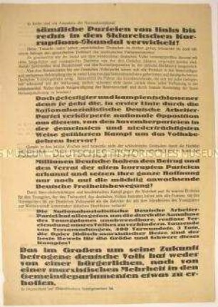 Propagandaflugblatt der NSDAP Leipzig zum Sklarek-Skandal mit dem Aufruf zu einer Versammlung mit Goebbels