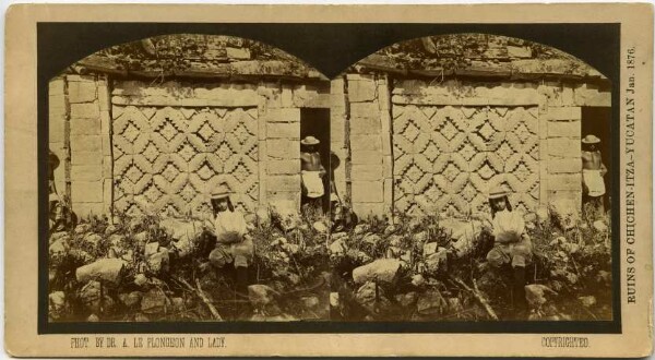 Temple façade (detail) Madame Le Plongeon in the foreground, other expedition member in the doorway.