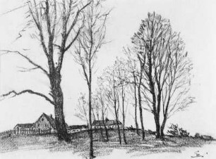 Gehöft in Landschaft : Bernkopf, Georg: Gehöft in Landschaft auf einer Kuppe mit Bäumen. Kohlezeichnung, bezeichnet "G.B."