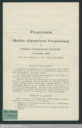 Programm der fünften allgemeinen Versammlung der Deutschen anthropologischen Gesellschaft in Dresden 1874