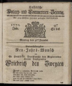 53tes Stueck, Montag den 31ten December. 1770