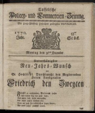 53tes Stueck, Montag den 31ten December. 1770