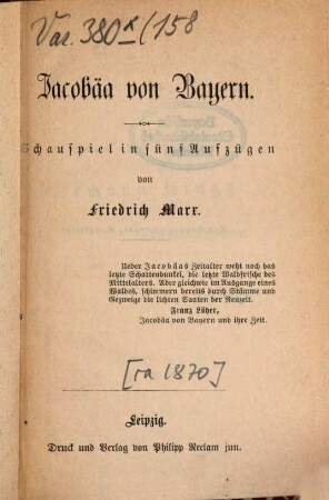 Jacobäa von Bayern : Schauspiel in fünf Aufzügen