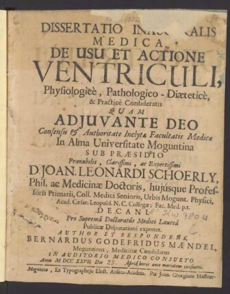 Dissertatio Inauguralis Medica De Usu Et Actione Ventriculi, Physiologicè, Pathologico-Diæteticè & Practicè Consideratis