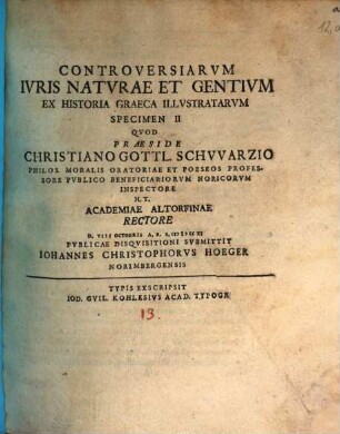 Controversiarvm Ivris Natvrae Et Gentivm Ex Historia Graeca Illvstratarvm Specimen ..., II.