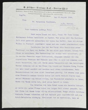Brief von Rudolf Kayser von S.-Fischer-Verlag <Berlin> an Margarete Hauptmann
