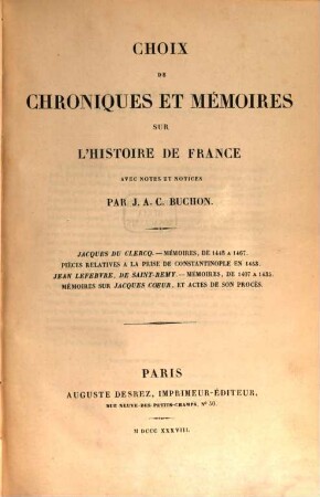 Choix de Chroniques et Mémoires sur l'histoire de France