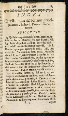 167-186, Index Quaestionum & Rerum praecipuarum, in hac I. Parte contentarum.
