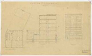 Geschäfts- und Bürohaus Kurfürstendamm 16, Berlin-Charlottenburg: Grundrisse, Schnitt und Ansicht 1:100