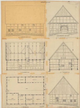 Kollerbeck (Kreis Höxter): Haus Mönks genannt Finke. - Torbogen im Haupthaus (Ansicht). - Haupthaus (Grundriss, Nordostansicht, Nordwestansicht, Südostansicht, Schnitte)