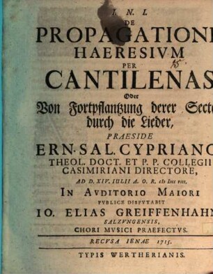 De propagatione haeresium per cantilenas oder Von Fortpflantzung derer Secten durch die Lieder