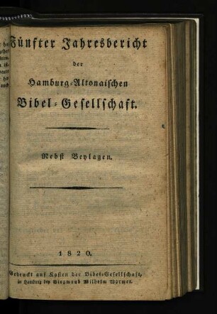 5.1820: Fünfter Jahresbericht der Hamburg-Altonaischen Bibel-Gesellschaft.