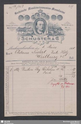 Schuster & Co., Sächsische Musikinstrumenten-Manufactur, Markneukirchen : Quittung