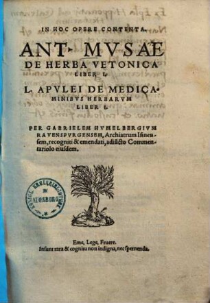 Ant. Musae De herba vetonica liber I