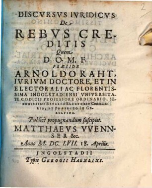 Discursus Iuridicus De Rebus Creditis