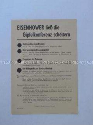 Propagandaflugblatt der SED-Kreisleitung Gera-Land zum Scheitern der Gipfelkonferenz der Großmächte in Paris