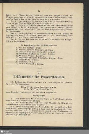 VI. Prüfungsstelle für Postwerthzeichen