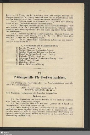 VI. Prüfungsstelle für Postwerthzeichen