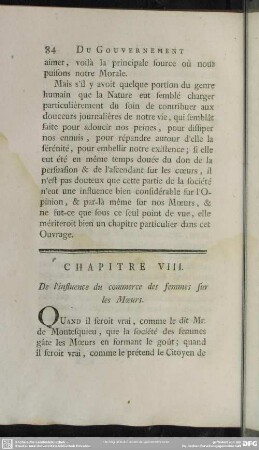 Chapitre VIII. De l'influence du commerce des femmes sur les Moeurs
