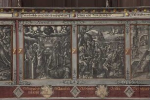 Orgelempore mit biblischen Szenen zur Illustration der Zehn Gebote und des Vater Unsers — Christus mit Moses und wahren und falschen Propheten