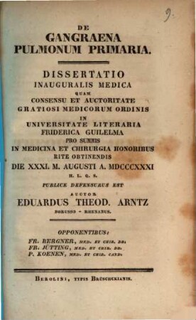 De gangraena pulmonum primaria : diss. inaug. med.