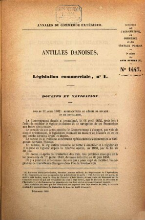 Annales du commerce extérieur. Antilles danoises. Légisation commerciale. 1, 1. 1862