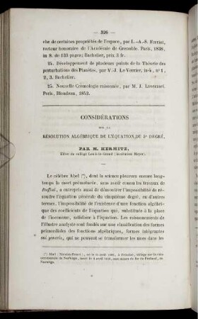 Considérations sur la résolution algébrique de l´équation du 5 degré.