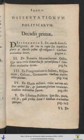 Index Dissertationum Politicarum.