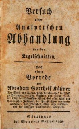 Versuch einer Analytischen Abhandlung von den Kegelschnitten