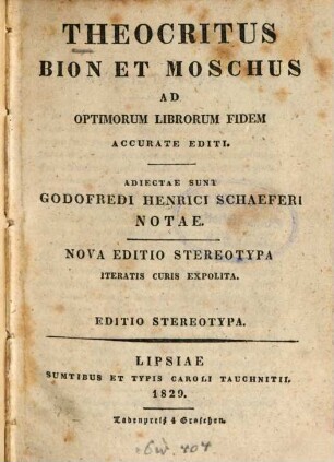 Theocritus, Bion et Moschus ad optimorum librorum fidem accurate editi