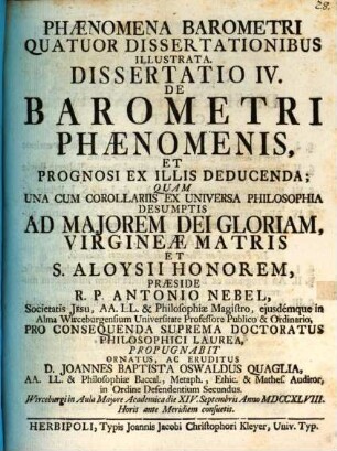 Phaenomena barometri, quatuor dissertationibus inaug. illustrata : Diss. IV., de barometri phaenomenis ...