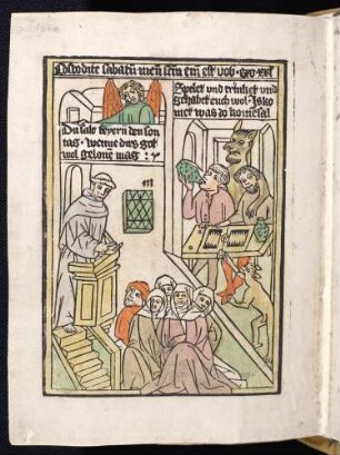 3. Gebot (Du sollst den Sabbattag heiligen). Predigender Barfüßermönch, Teufel und Würfelspieler.