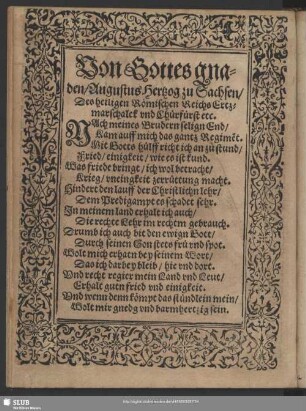 Von Gottes gnaden, Augustus Hertzog zu Sachsen, Des heiligen Römischen Reichs Ertzmarschalck und Churfürst etc.