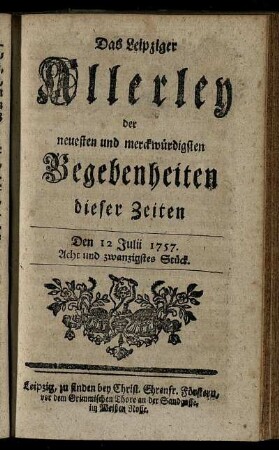 Den 12 Julii 1757. Acht und zwanzigstes Stück.