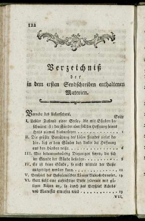 Verzeichniß der in dem ersten Sendschreiben enthaltenen Materien. - Verzeichniß der in dem zweyten Sendschreiben enthaltenen Materien.