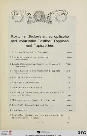 Kostüme, Stickereien, europäische und maurische Textilien, Teppiche und Tapisserien (Nr.1-155)
