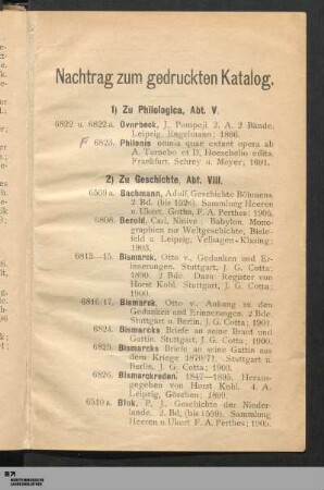 Nachtrag zum gedruckten Katalog