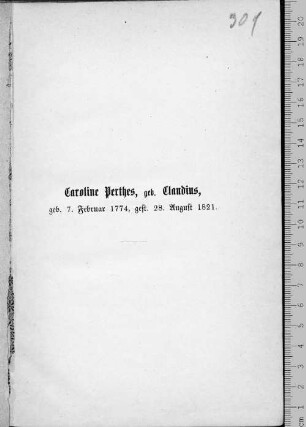 Caroline Perthes, geb. Claudius, geb.7.Februar 1774, gest. 28. August 1821.