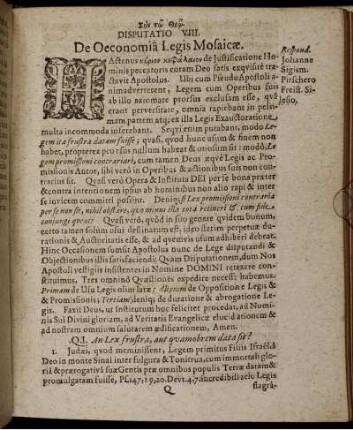 Disputatio VIII. De Oeconomia Legis Mosaicae