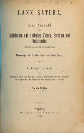 Lanx satura : eine Auswahl von lateinischen und deutschen Versen, Sprüchen und Redensarten mit besonderer Berücksichtigung der Phraseologie des Cornelius Nepos und Julius Caesar