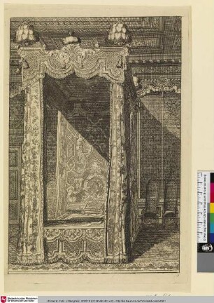 [Second livre d'appartements; Ansicht eines Bettes mit Baldachin, daneben zwei Stühle]