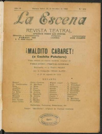 ¡Maldito cabaret! : (o Cachito Patotero) ; pieza cómica en cuatro cuadros
