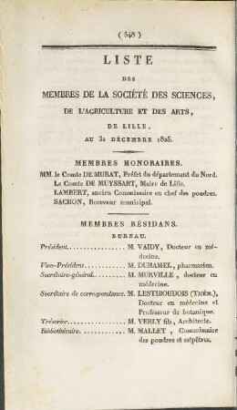Liste des membres de la société des sciences, de l'agriculture et des arts, de Lille. au 31. Décembre 1825
