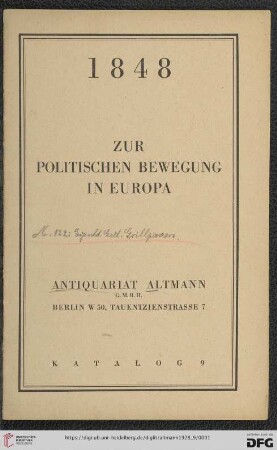 Nr. 9: Katalog / Antiquariat Altmann G.m.b.H., Berlin: 1848, zur politischen Bewegung in Europa
